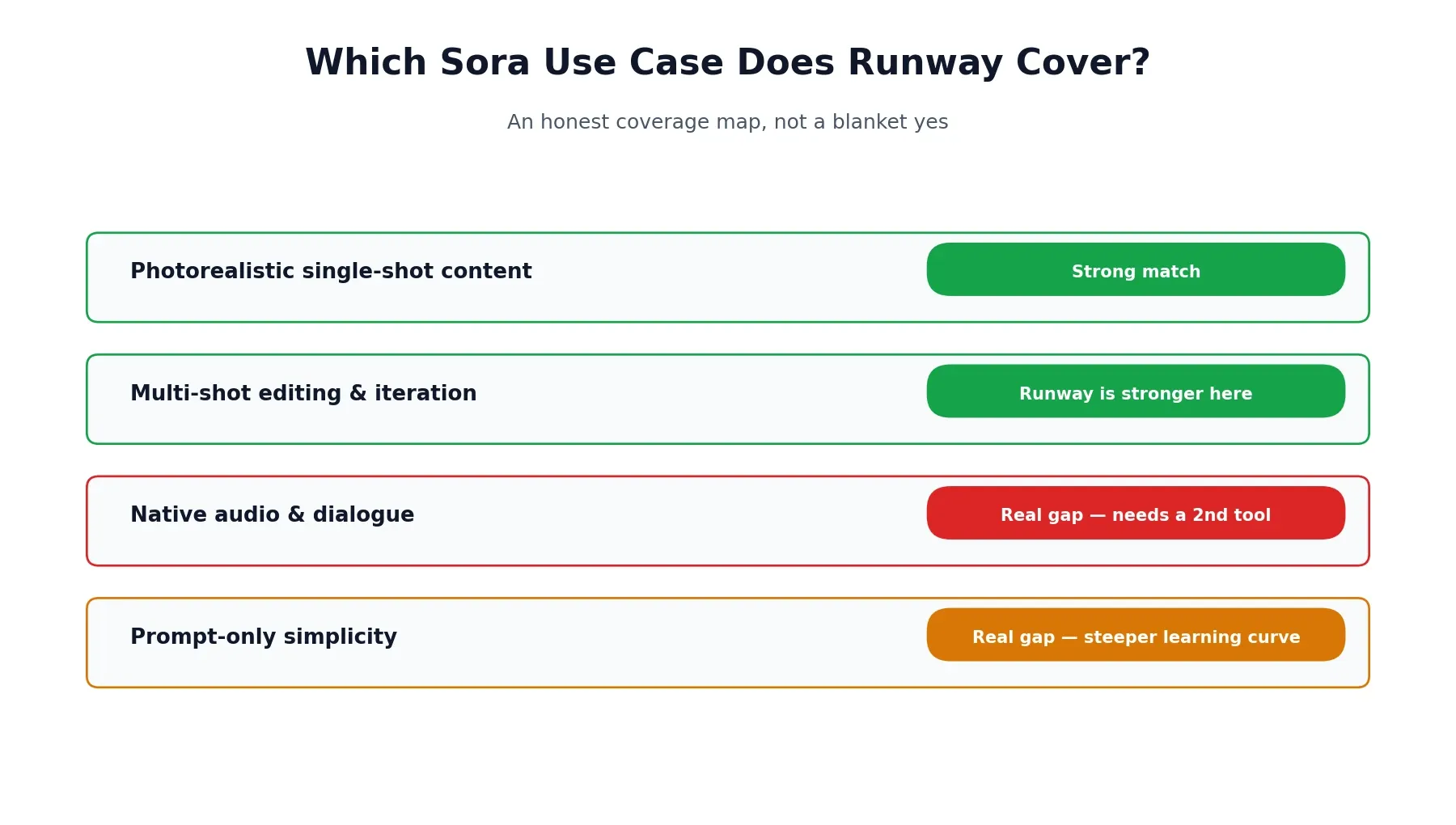 Which Sora use case does Runway cover: honest coverage map